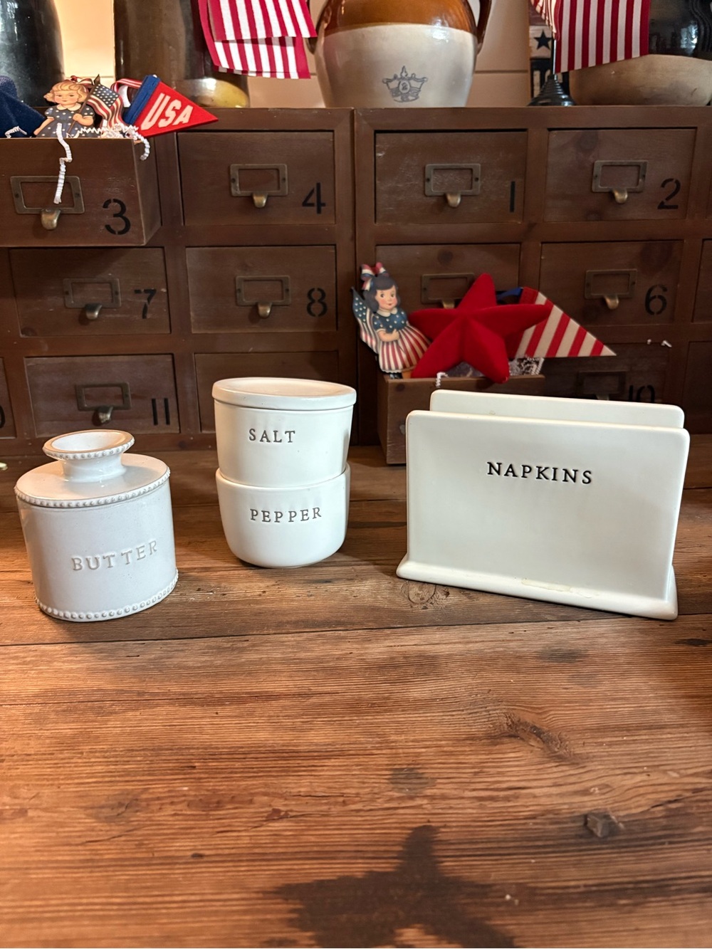 White Ceramic Salt, Pepper, Butter Jars + Napkin Holder